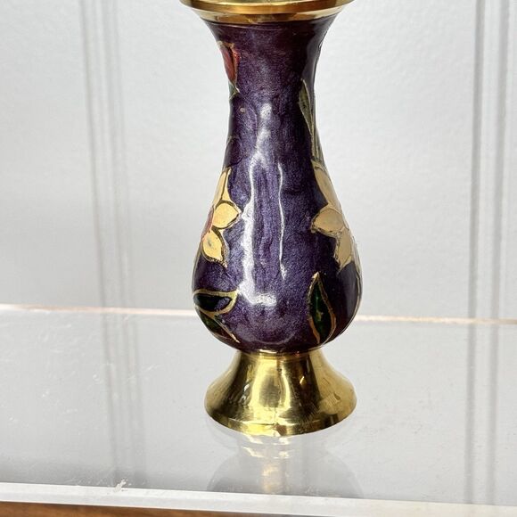 Vintage Brass Mini Bud Vase Hand Painted Floral Enamel Cloisonné Style 3” Small - Picture 2 of 7